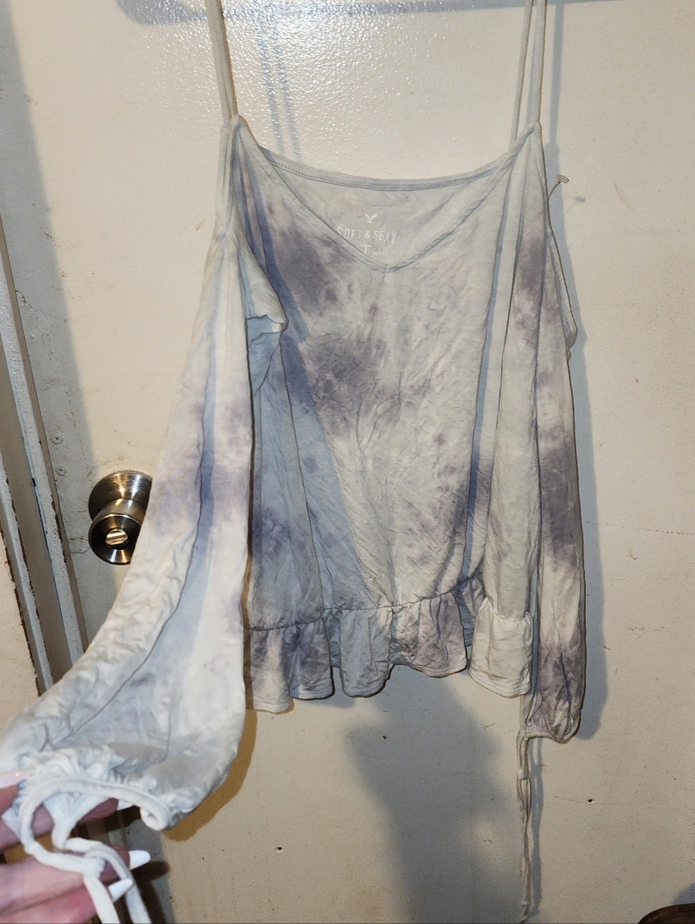 American Eagle Outfitters Light Blue and Gray Cold Sholder Top Y2K